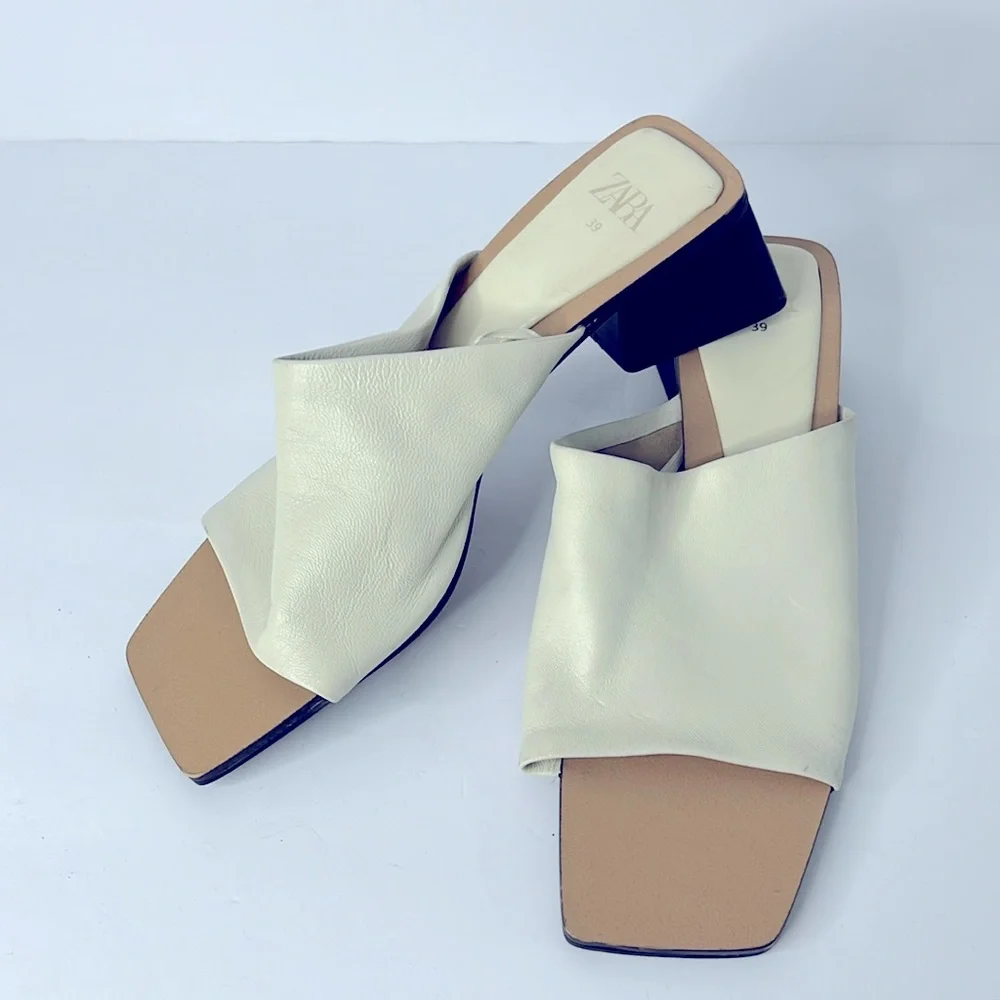 ZARA EGGSHELL WHITE Leather Mules Sz 39 - Picture 4 of 9